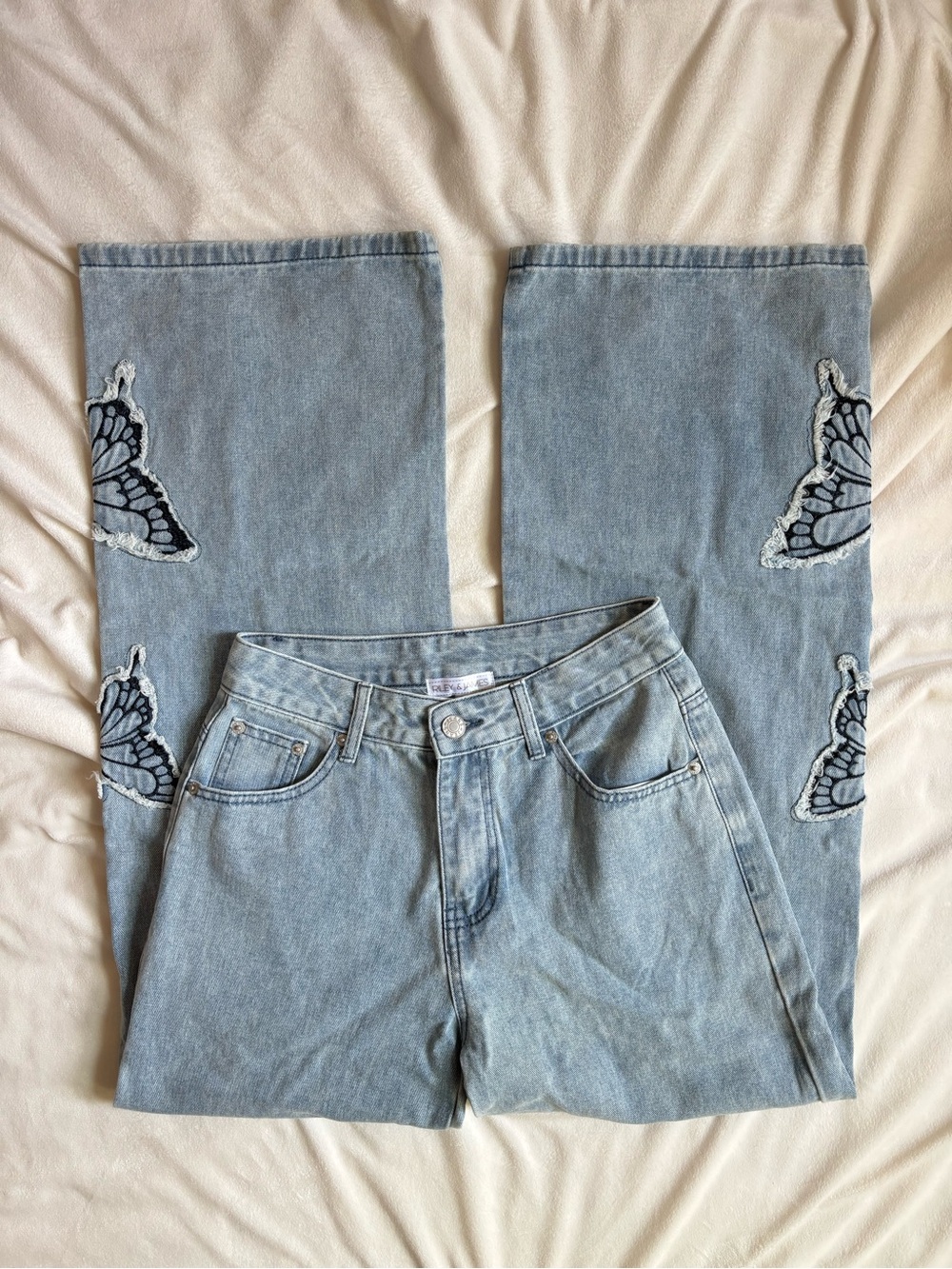 High Waisted Wide Leg Butterfly Embroidered Jeans